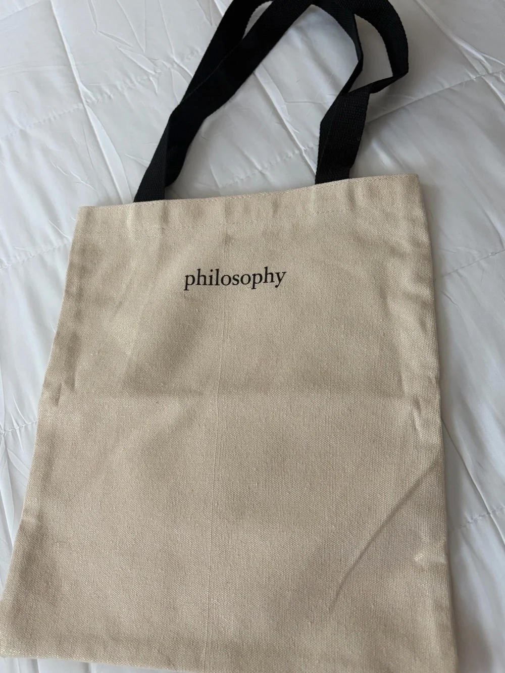 Philosophy Small Shimmer Beige Canvas Tote with Black Straps